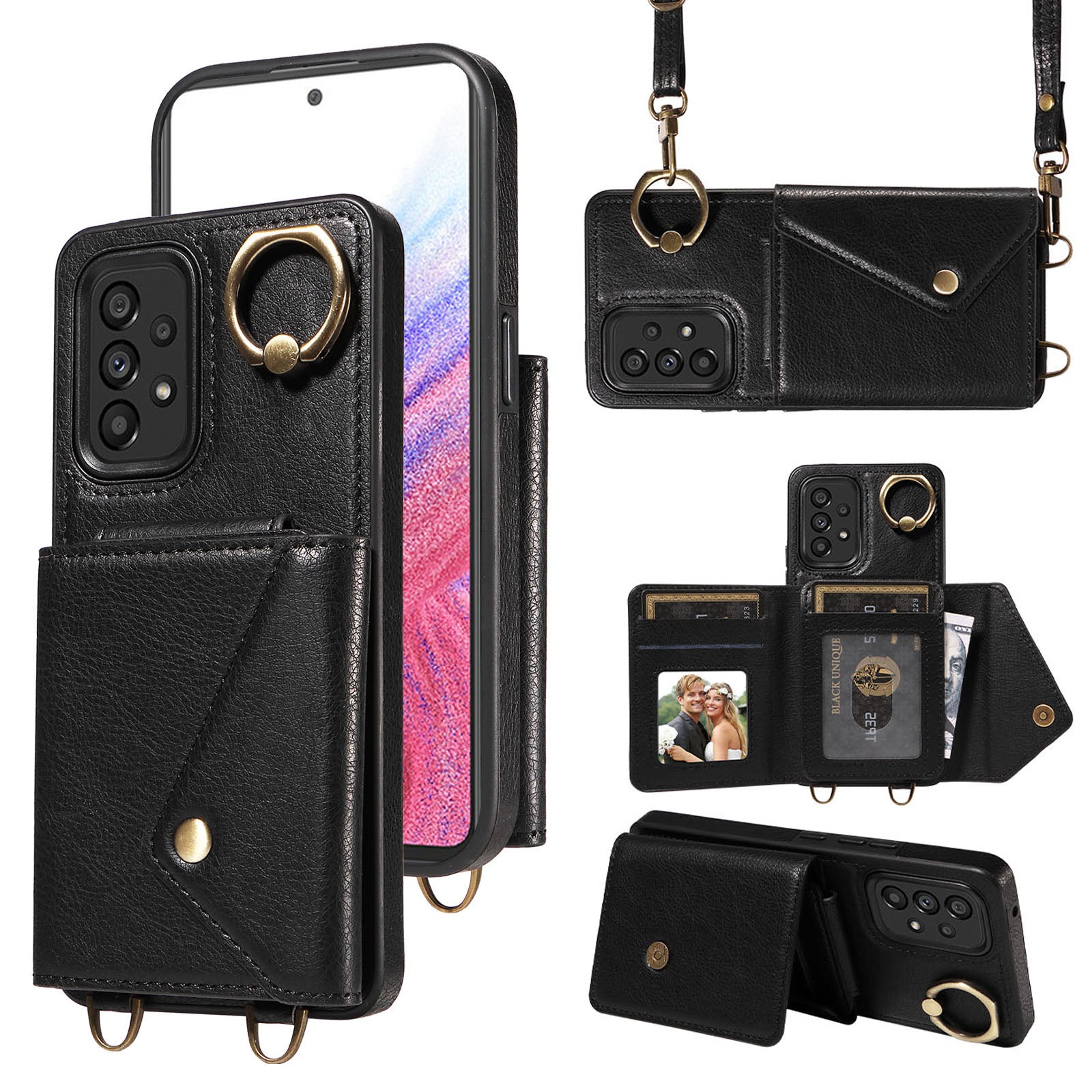 002 For Samsung Galaxy A53 5G Card Bag Cover Ring Kickstand Litchi Texture Leather TPU Phone Case with Shoulder Strap 002 For Samsung Galaxy A53 5G Card Bag Cover Ring Kickstand Litchi Texture Leather TPU Phone Case with Shoulder Strap